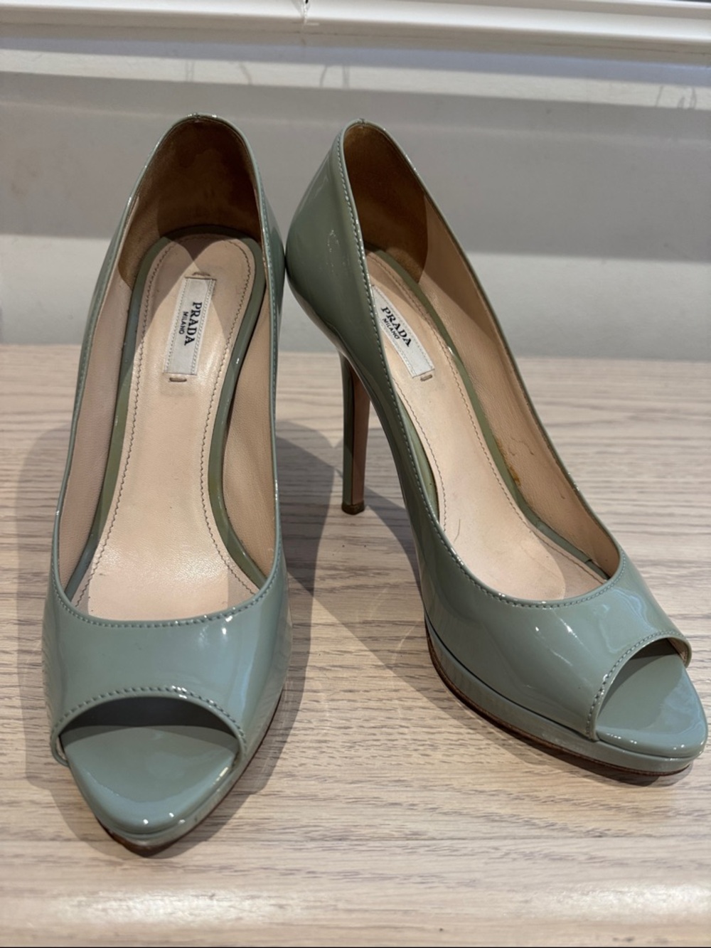 Prada Sage Green Patent Leather Peep-Toe Pumps
